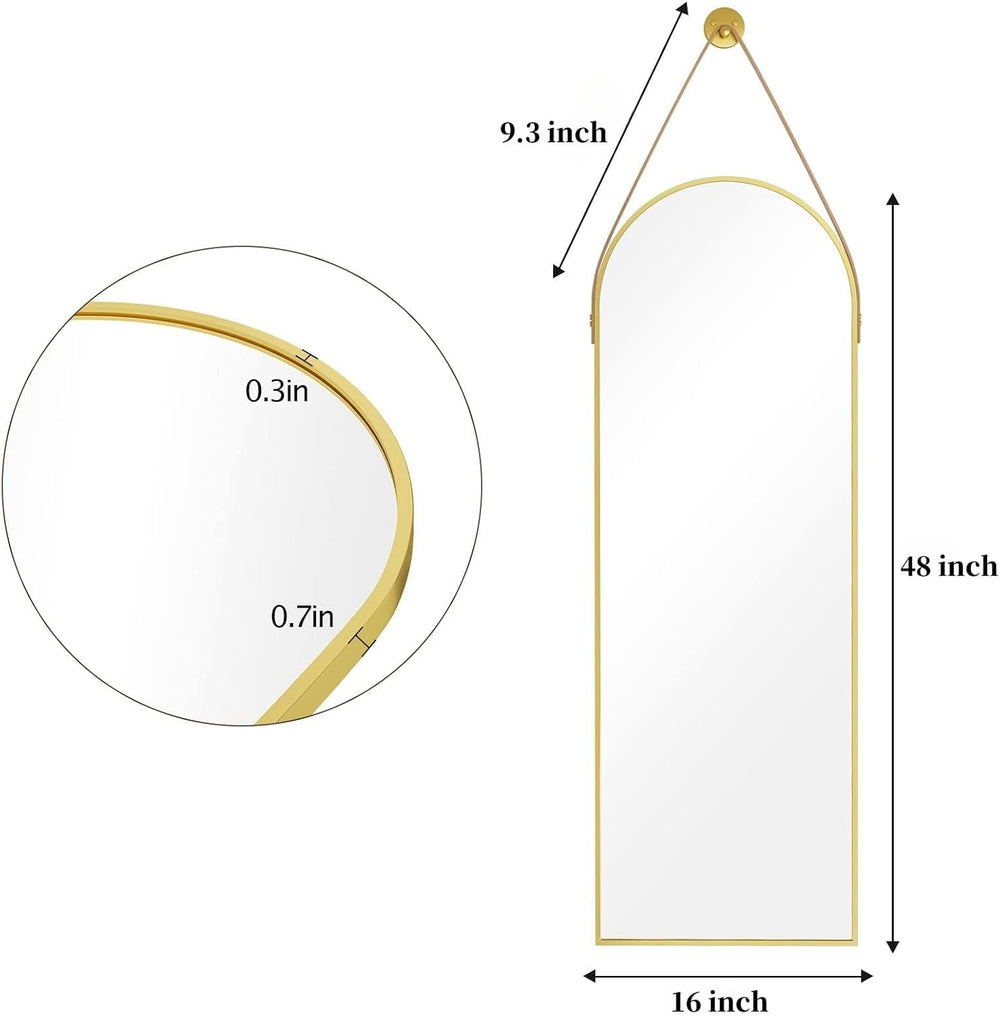 Dewfig 48"x16" Arched Full Length Mirror, Wall Mirror, Leather Stra...