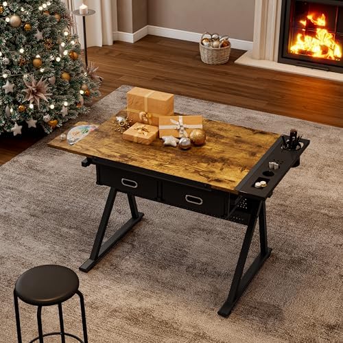 Drafting Table Art Table Adjustable Drawing Table Tilted Tabletop, Craft Table, with Storage Drawers and Stool, Crafting Desk with Storage for Painting Diamond Reading Writing Study (Black B)