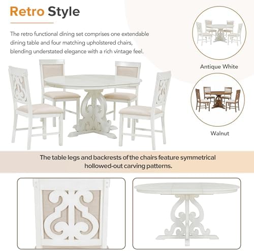 Extendable Dining Table Set for 4-6, Farmhouse Kitchen Table Set with Extendable Round Dining Table & 4 Upholstered Chairs, Solid Wood Table and Chairs Set for Kitchen, Dining Room, Antique White