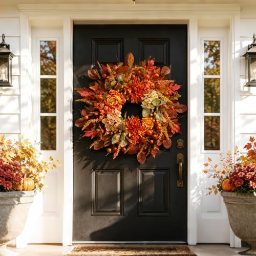 Autumn Harvest Wreath for Front Door 26 Inch, Fall Decor with Orange Dahlias Maple Leaves Berries Hydrangeas, Thanksgiving Halloween Wreaths for Front Door Grapevine Twig