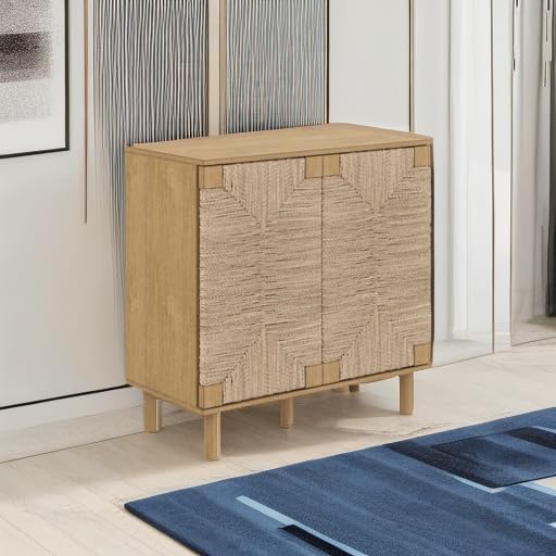 Nathan James Beacon Accent Buffet Sideboard Cabinet, Natural Light Wood Storage with Adjustable Interior Shelf and Seagrass Doors, for Hallway, Entryway or Dining Room, Light Brown