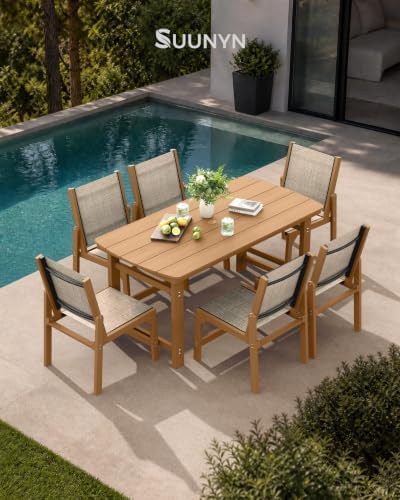 HDPE Outdoor Dining Set, Patio Table and 6 Stackable Armless Chairs, Teak (7-Piece)