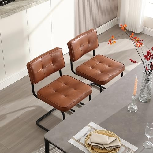 Zesthouse Industrial Metal Dining Chairs Set of 2, Upholstered Leather Kitchen Chairs with Black Metal Base, for Kitchen & Dining Room Living Room, Mid Century Breuer Design Inspired, Armless, Brown