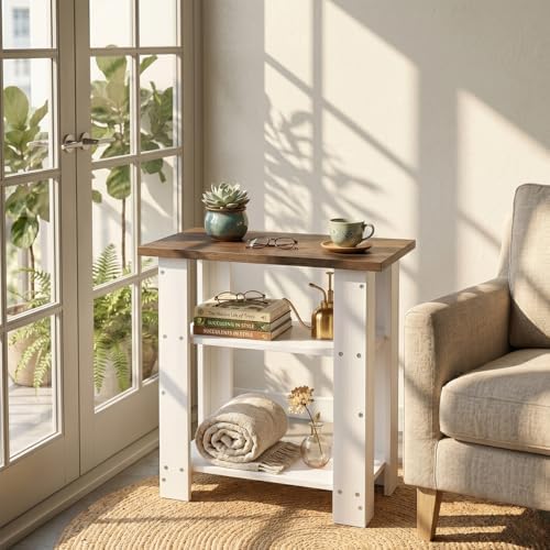 White Side Table with Oak Top, 3 Tier Farmhouse End Table, 22.8" H