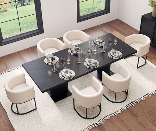 HNY Mid Century Modern Upholstered Barrel Dining Chairs with Arms Set of 6, Linen Kitchen & Dining Room Chairs, 18.5" Wide Accent Chairs for Dining Room Living Room with Black Metal Frame, Cream