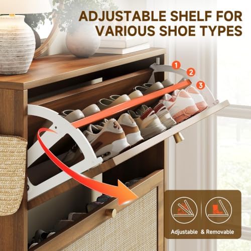 Nicetree Rattan Arched Accent Shoe Storage Cabinet - Freestanding Ultra Slim for Entryway, 3 Flip Drawers & 3-Tier Adjustable Shelves, Farmhouse Modern Rustic Shoe Rack for Hallway, Foyer, Living Room