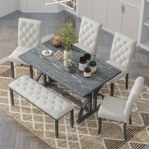 Merax 6-Piece Farmhouse Dining Table and Chair Set, 60'' Solid Wood Rectangular Kitchen Table Set with 4 Upholstered Chairs & 1 Bench for Kitchen Room, Gray Wash+Beige