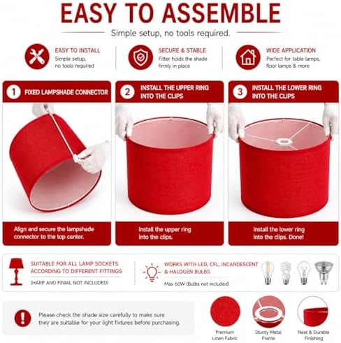 Lamp Shades Set of 2, Red Drum Lamp Shades, 11.8 x 11.8 x 7.9 Inch