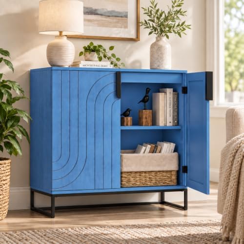 HLR Sideboard Buffet Cabinet with Storage, Modern Accent Cabinet Adjustable Shelves Wooden Storage Cabinets for Kitchen, Dining Room, Living Room, Coffee Bar, Garage, Entryway, Antique Blue