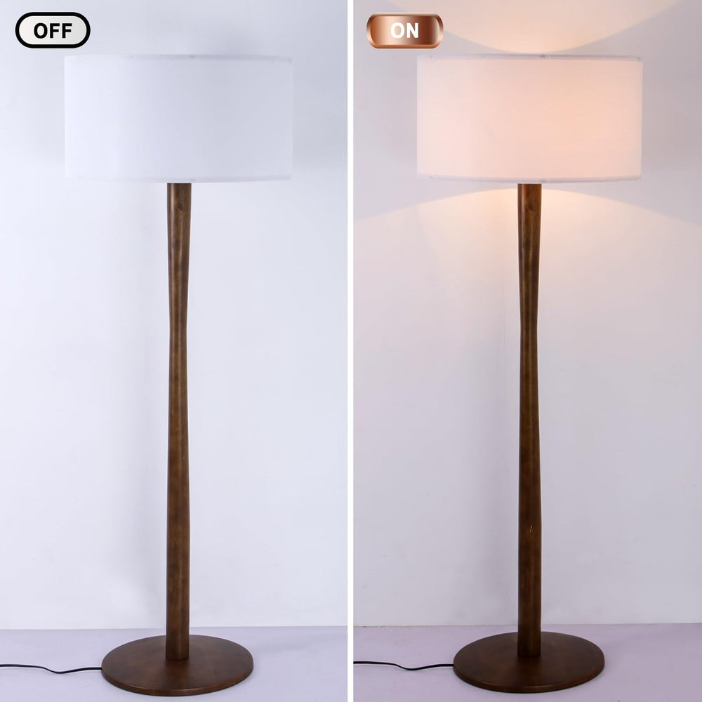 62" Tall Rustic Walnut Wood Floor Lamp with Large Linen Shade, White