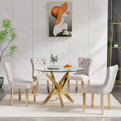 36" Modern Gold Glass Dining Room Table Set for 4, 5-Piece Round Kitchen Dining Table Set with Cross Metal Legs and 4 Beige Velvet Upholstered Chairs, Glass Kitchen Table and Chairs Set