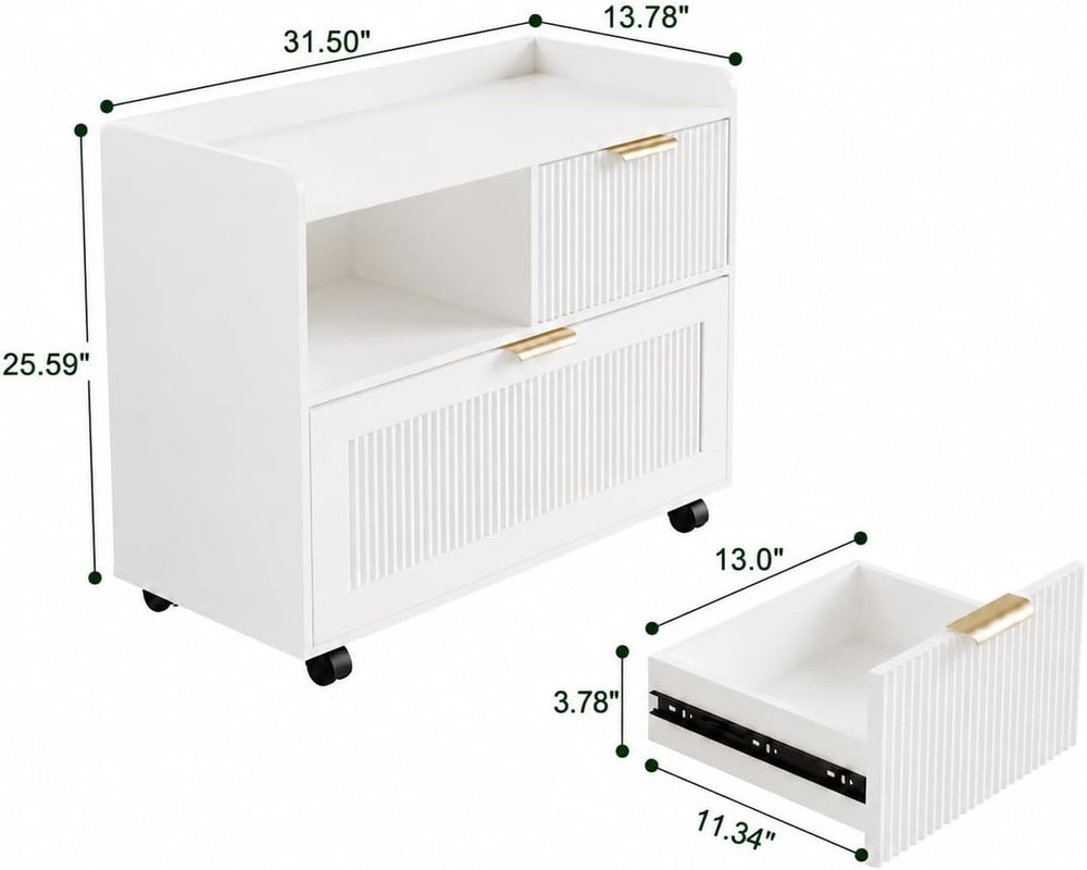 Lateral File Cabinet with Fluted Drawers, White Wooden Office Cabinet with St...