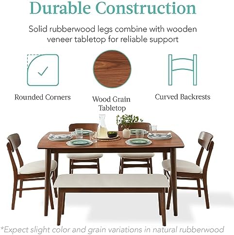 Best Choice Products 6-Piece Wooden Dining Set, Mid-Century Modern Table & Upholstered Chair Set w/Bench Seat, Rubberwood Legs - Walnut/Cream