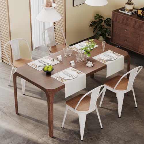 18 Inch Metal Dining Chairs Set of 4 Farmhouse Kitchen Chairs with Wooden Seat and Metal Backrest Stackable White Dining Room Seating