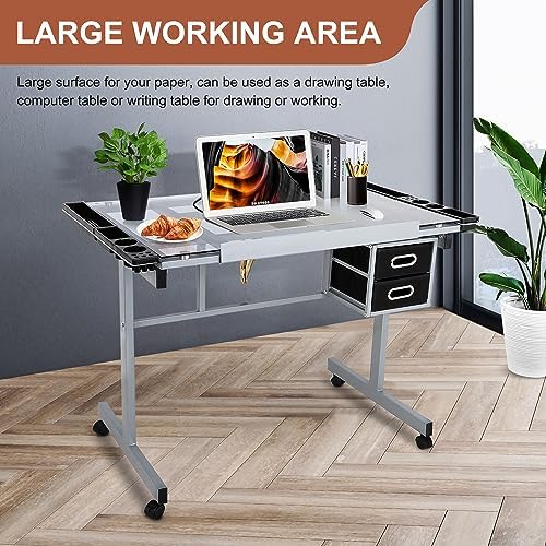 Nova Microdermabrasion Glass Top Drafting Table with Storage, Adjustable Drawing Desk Rolling Art Craft Station Writing Work Table with Drawers & Wheels