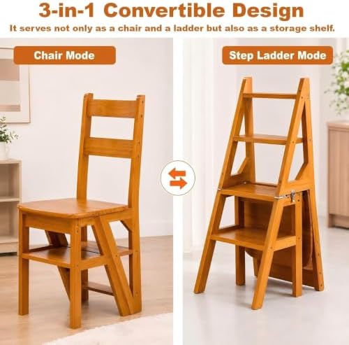 4 Tier Folding Step Ladder, 3-in-1 Wooden Folding Ladder Chair, Portable Multi-Function Step Stool, 198 lbs Capacity Indoor and Outdoor Display Rack Flower Rack,for Library,Home,Kitchen (Light Walnut)