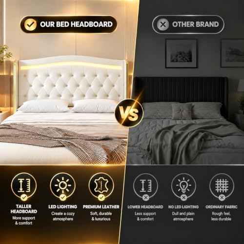Queen Size Bed Frame, Headboard, 4 Storage Drawers, LED Lights, White