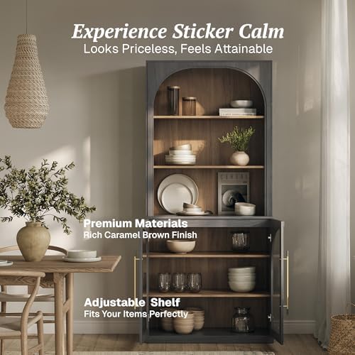 BELLEZE Glass Display Curio Cabinet, 72" Tall Modern Wood 6-Tier Shelf Storage with Sturdy Aluminum Handle, Bookshelf Bookcase for Office, Living Room, Ebony