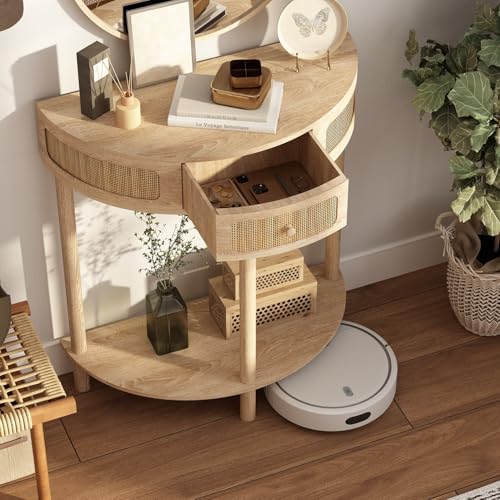 RowyPoey Rattan Half Moon Console Table, Modern Small Entryway Table