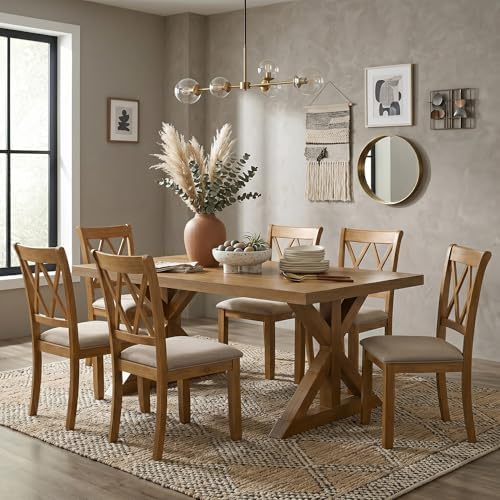 Enna Morden Farmhouse Wood 7-Piece Trestle Dining Set, Brushed Driftwood Finish