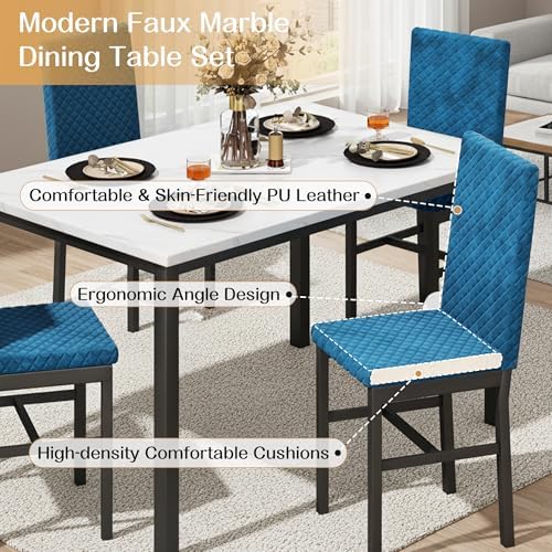 Recaceik Dining Table Set for 4, Modern 5 Piece Dining Table Set Faux Marble Kitchen Table & 4 Velvet Upholstered Chairs, Dining Room Set for Small Space