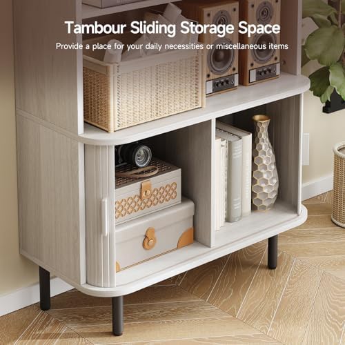 ONBRILL 71" Bookshelf with Sliding Door, Bookcase Cabinet, Natural White
