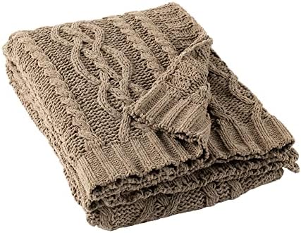 Battilo Tan Throw Blanket for Couch, 51"x67" Textured Cable Knit Bl...