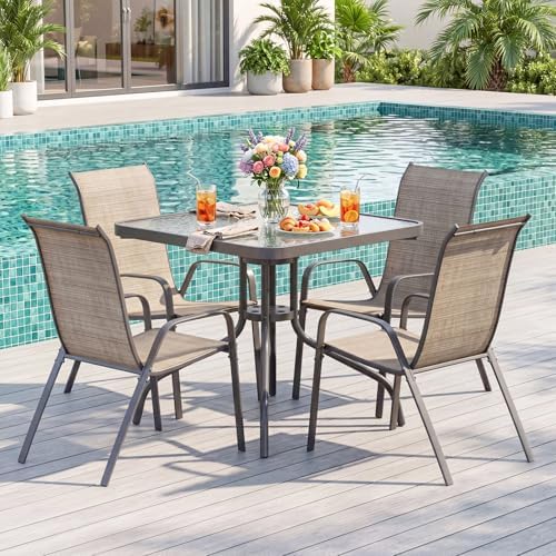 TLSUNNY 5 Pieces Patio Dining Set for 4, Glass Table and Textilene Chair