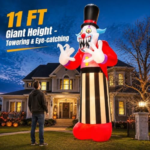 11FT Giant Halloween Inflatables Clown Ghost Outdoor Decorations, Giant Blow Ups with Build-in LED Lights, Scary Yard Garden Decoration for Halloween Party Indoor Outdoor