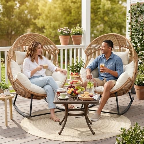 Oversized Outdoor Rocking Chair Set of 2, Wicker Egg Patio Lounge Chair Baske...