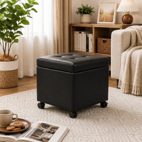 Adeco 17" Storage Ottoman Modern Tufted Faux Leather with Wheels, Black