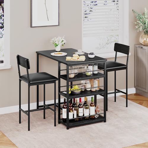 Dining Table Set for 2 with 3 Storage Shelves, 3-Piece Counter Height Kitchen Table Set with 2 Upholstered Bar Stools, Bar Table and Chairs Set for Small Space, Black