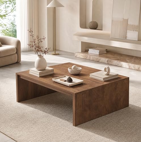 LITTLE TREE 39.4" Square Fluted Coffee Table, Mid-Century Modern Brown C...