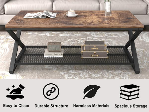 LVB Coffee Table for Living Room, 2 Tier Tea Table, 47 inch, Rustic Brown