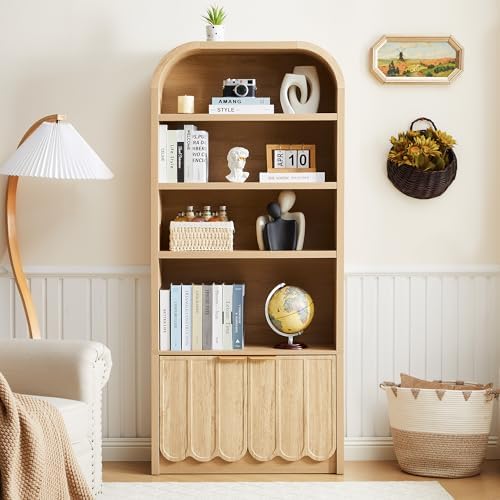 ORRD 70" Tall Arched Bookshelf with Storage Cabinet, Modern 4-Tier Wood Bookcase with Scalloped Doors & Gold Handles, Open Display Shelves for Living Room, Bedroom, or Home Study Office (Natural)