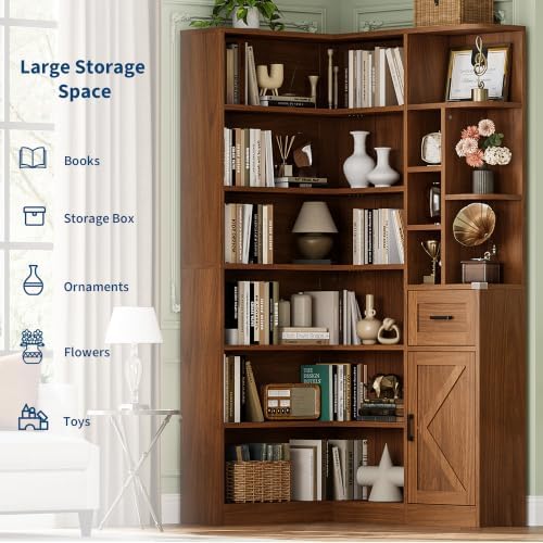 Garvee 74'' Tall Corner Bookshelf- 6-Tier Book Shelf with Drawer & Cabinet