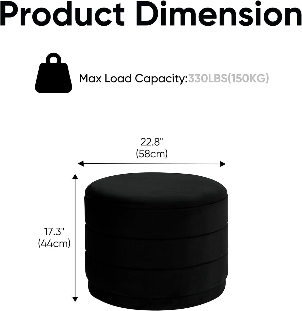 Round Storage Ottoman, 22.8 Velvet Footstool, Black