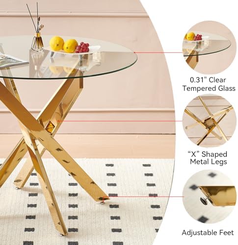 36" Modern Gold Glass Dining Room Table Set for 4, 5-Piece Round Kitchen Dining Table Set with Cross Metal Legs and 4 Beige Velvet Upholstered Chairs, Glass Kitchen Table and Chairs Set