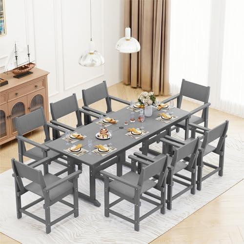 9-Piece HDPE Outdoor Patio Dining Set,Outdoor Table and Chairs,Modern Plastic Dining Sets with Umbrella Hole Cut-Out Table and 8 Chairs Gray