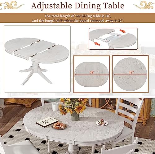 LUMISOL 5-Piece Solid Wood Dining Table Set for 4, Farmhouse Kitchen Table Set with Extendable Round Table & 4 Upholstered Chairs for Kitchen, Dining Room, Small Space, Antique White