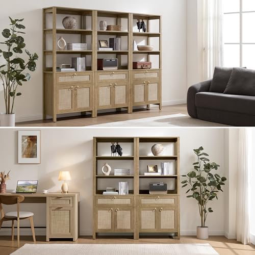 SICOTAS 68.5" Tall Boho Rattan Bookshelf with Single Drawer & Storage Doors