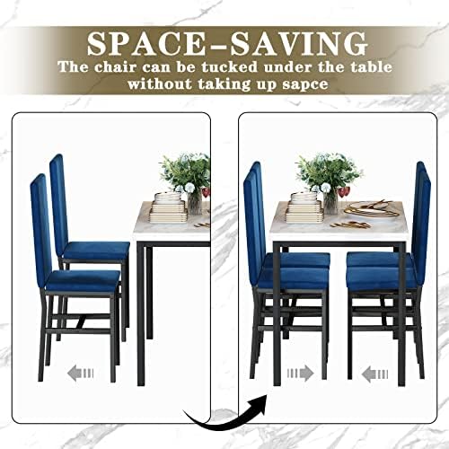 Hooseng Dining Table Set for 4- Space Saving Kitchen Table and Chairs for 4, Modern Style Faux Marble Tabletop & 4 Blue Velvet Chairs for Dining Room, Kitchen, Breakfast Corner Small Spaces, Blue