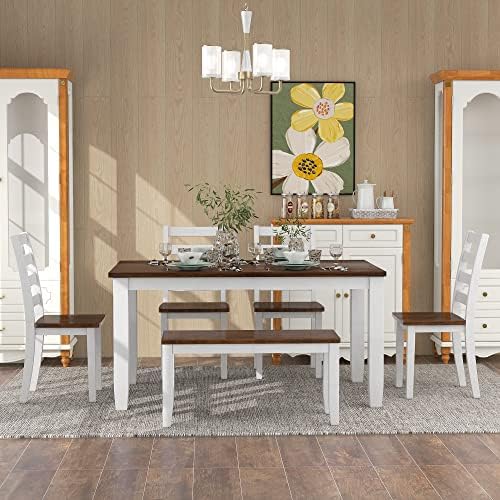 6-Piece Dining Table Set, 4 Upholstered Chairs + Bench, Rustic