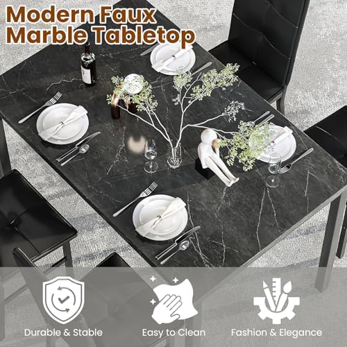 Hooseng Dining Table Set for 4, Faux Marble Small Kitchen Table with 4 PU Leather Chairs, Modern 5 Piece Dinner Table Set for Dining Room, Breakfast Nook, Samll Space, Black