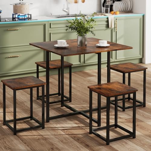 Tangkula Compact Dining Table Set for 4, Small Kitchen Table Set with Square Stools and Metal Frame, Perfect for Small Spaces, Home Kitchen Bar and Apartments
