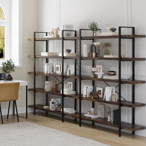 Heavy Duty 5 Tier Industrial Bookcase for Home Office, Rustic Brown