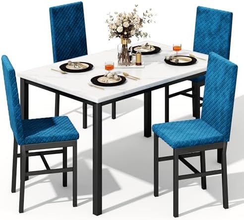 Recaceik Dining Table Set for 4, Modern 5 Piece Dining Table Set Faux Marble Kitchen Table & 4 Velvet Upholstered Chairs, Dining Room Set for Small Space