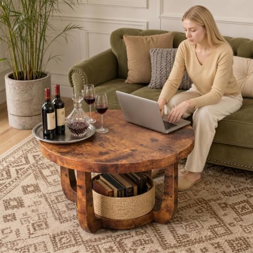 Round Coffee Table, 2-Tier Circle Coffee Table with Storage (Brown)