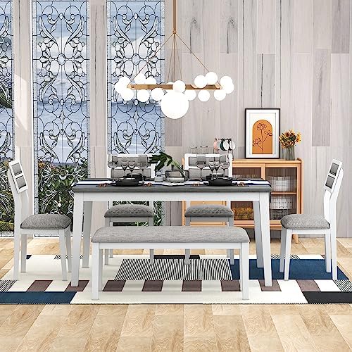 Harper & Bright Designs Kitchen Dining Table Set for 6, Classic and Traditional Style 6 Piece Kitchen Dining Table Set, 4 Upholstered Chairs & Bench (White+Gray)