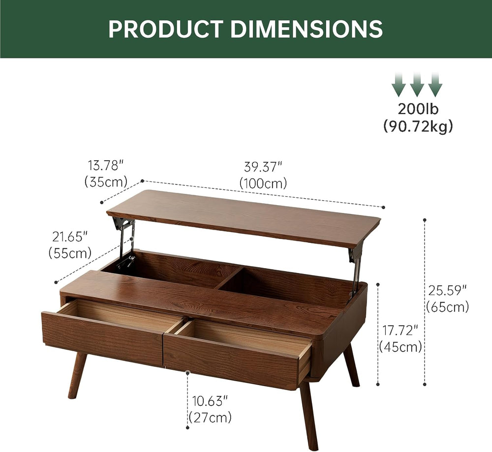 Solid Oak Wood Lift Top Coffee Table for Living Room, Fully-Assembled